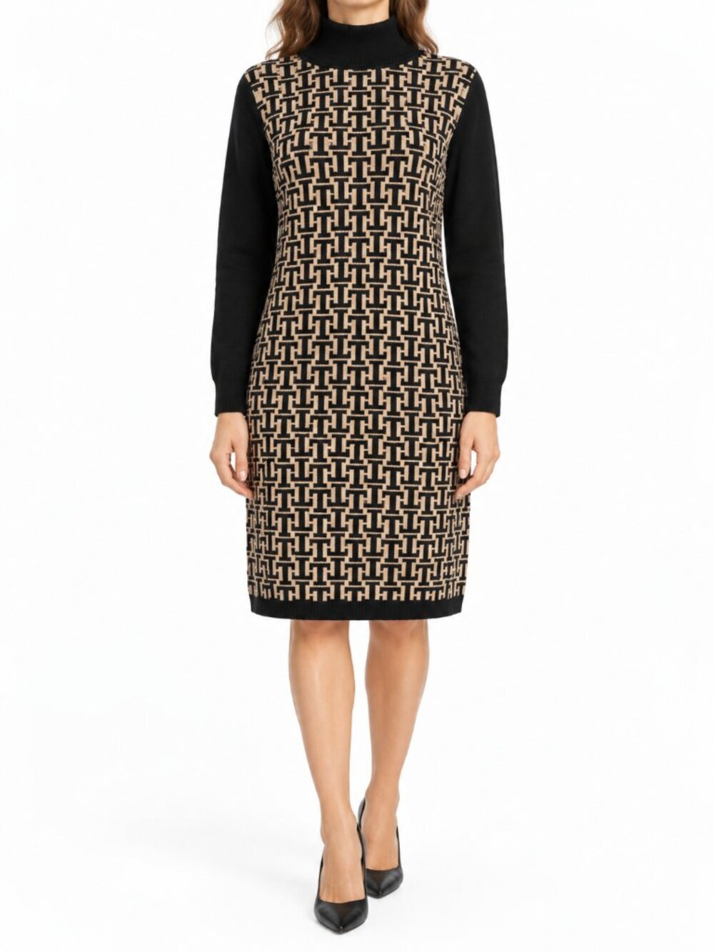 Tommy Hilfiger Black & Beige Logo Turtleneck Sweater Dress, L